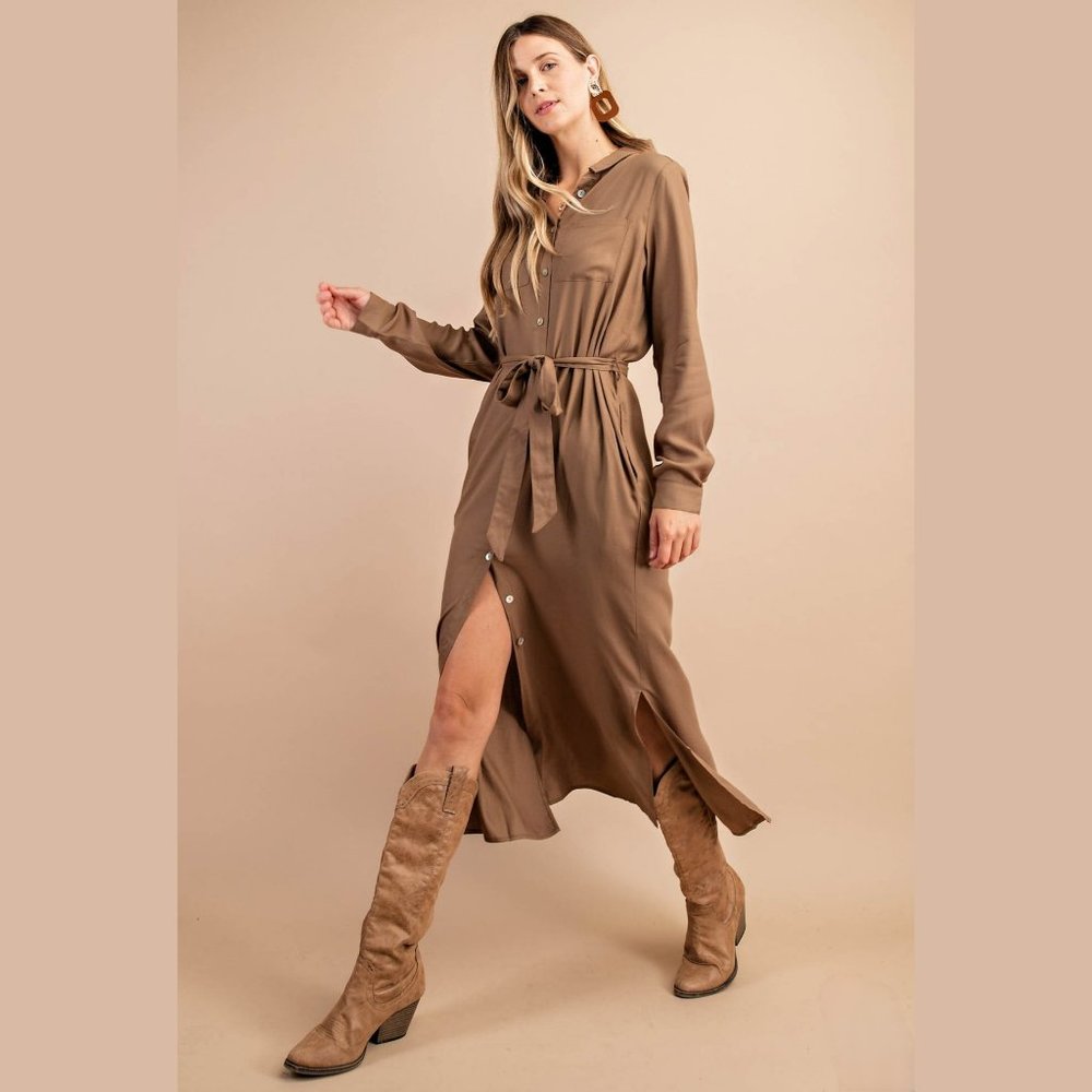 NWT Long Button Down Shirt Dress Waist Tie/Pocket - Picture 2 of 4